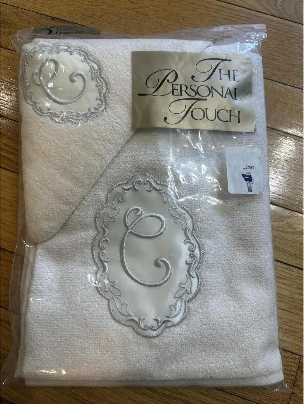VTG NOS Monogrammed C Towel Set 3 Piece White Bath Hand Wash Cloth USA